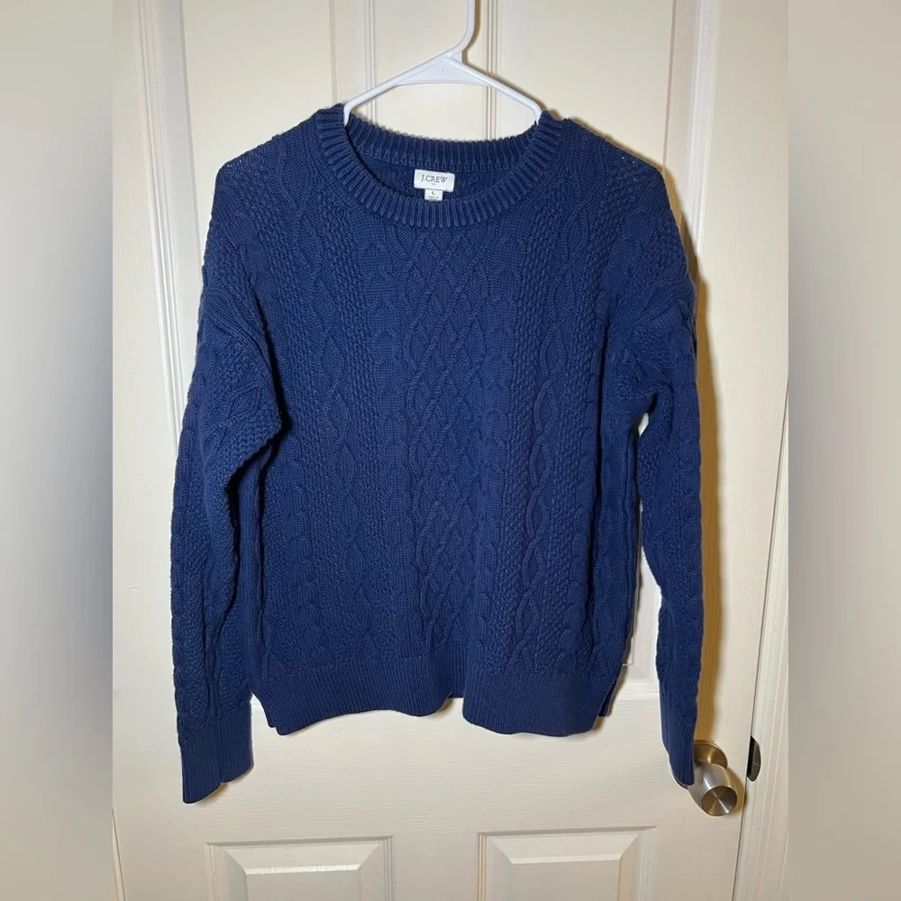 J.Crew Blue Cable Knit Crewneck Sweater Size L 100% Cotton